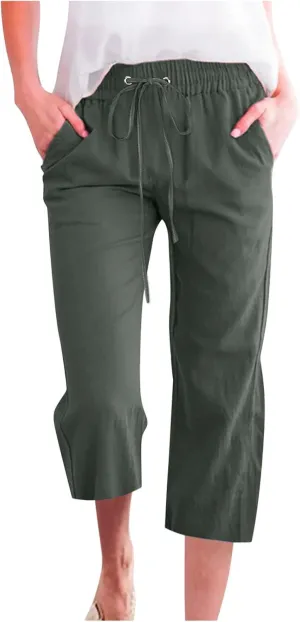 Capri Pants for Women 2025 Summer Drawstring Elastic High Waist Casual Capris Straight Wide Leg Cotton Linen Pants