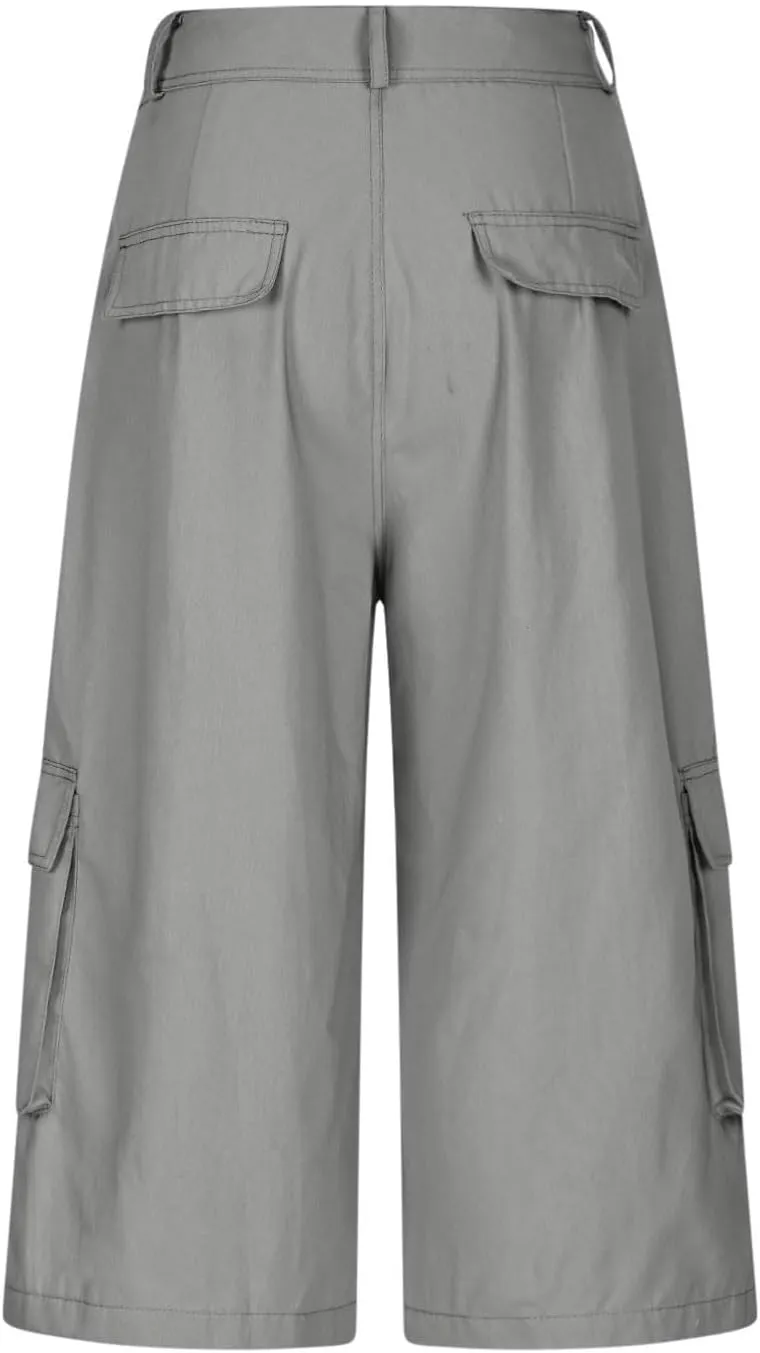 Cargo Capris for Women Stretch Wide Leg Hiking Pants Lightweight Wide Loose Leg Baggy Cargo Pants with Pockets