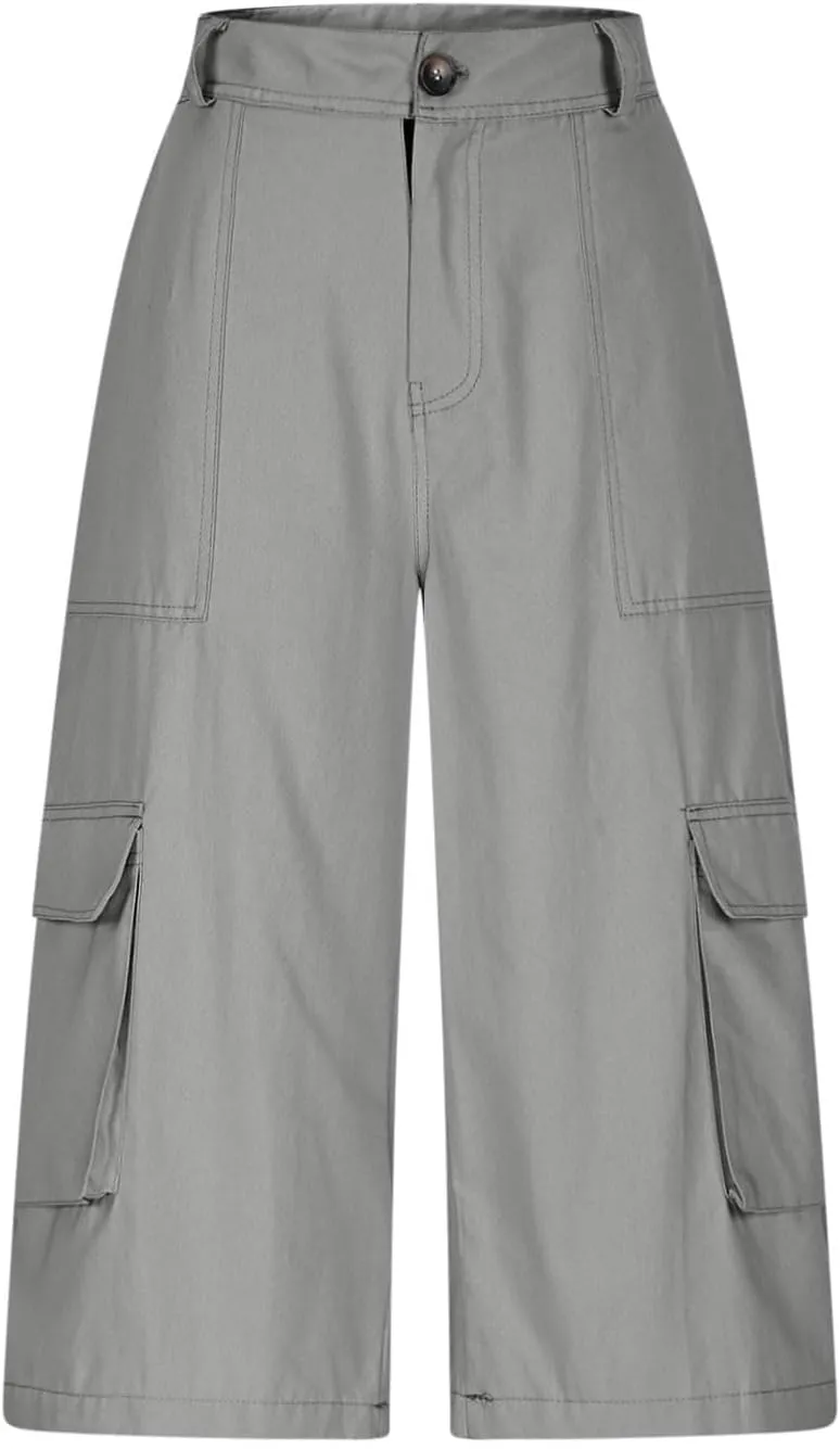 Cargo Capris for Women Stretch Wide Leg Hiking Pants Lightweight Wide Loose Leg Baggy Cargo Pants with Pockets