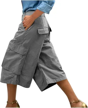 Cargo Capris for Women Stretch Wide Leg Hiking Pants Lightweight Wide Loose Leg Baggy Cargo Pants with Pockets