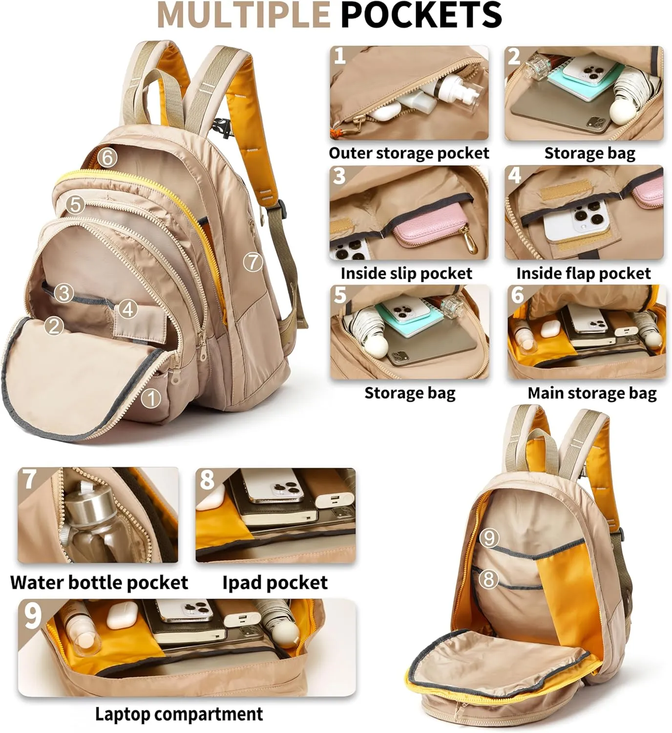Casual Canvas Backpack for Women Large Capacity Vintage Campus Daypack and Travel Backpack (Beige)