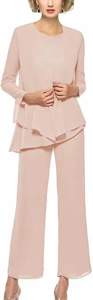Chiffon 3Pcs Mother of The Bride Pant Suits for Women Wedding Pant Suits for Women Dressy Elegant