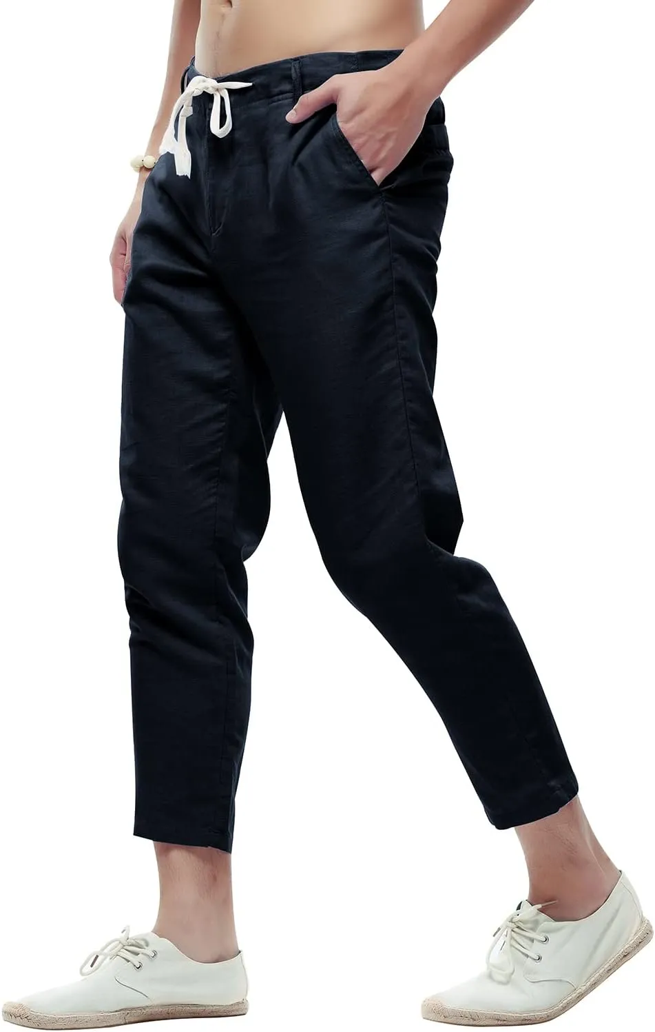chouyatou Men's Casual Drawstring Straight Fit Beach Linen Capri Pants