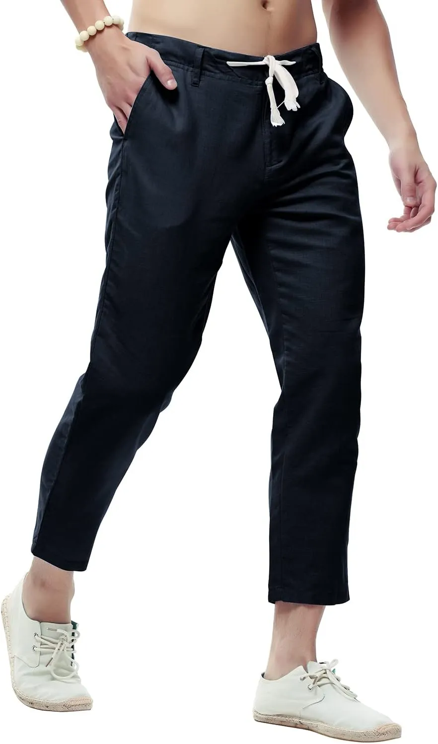 chouyatou Men's Casual Drawstring Straight Fit Beach Linen Capri Pants