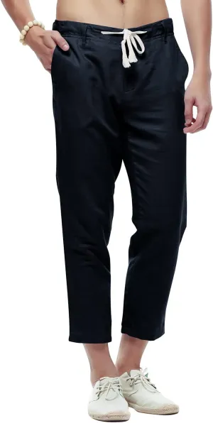 chouyatou Men's Casual Drawstring Straight Fit Beach Linen Capri Pants