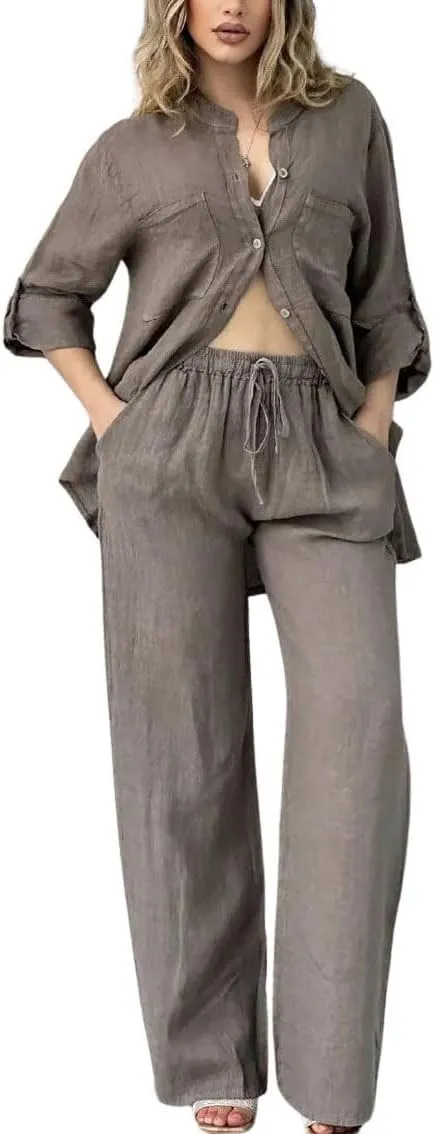 chouyatou Women's Cotton Linen 2 Piece Outfits Rolled Up Sleeve Button Down Shirt and Wide leg Pants Set