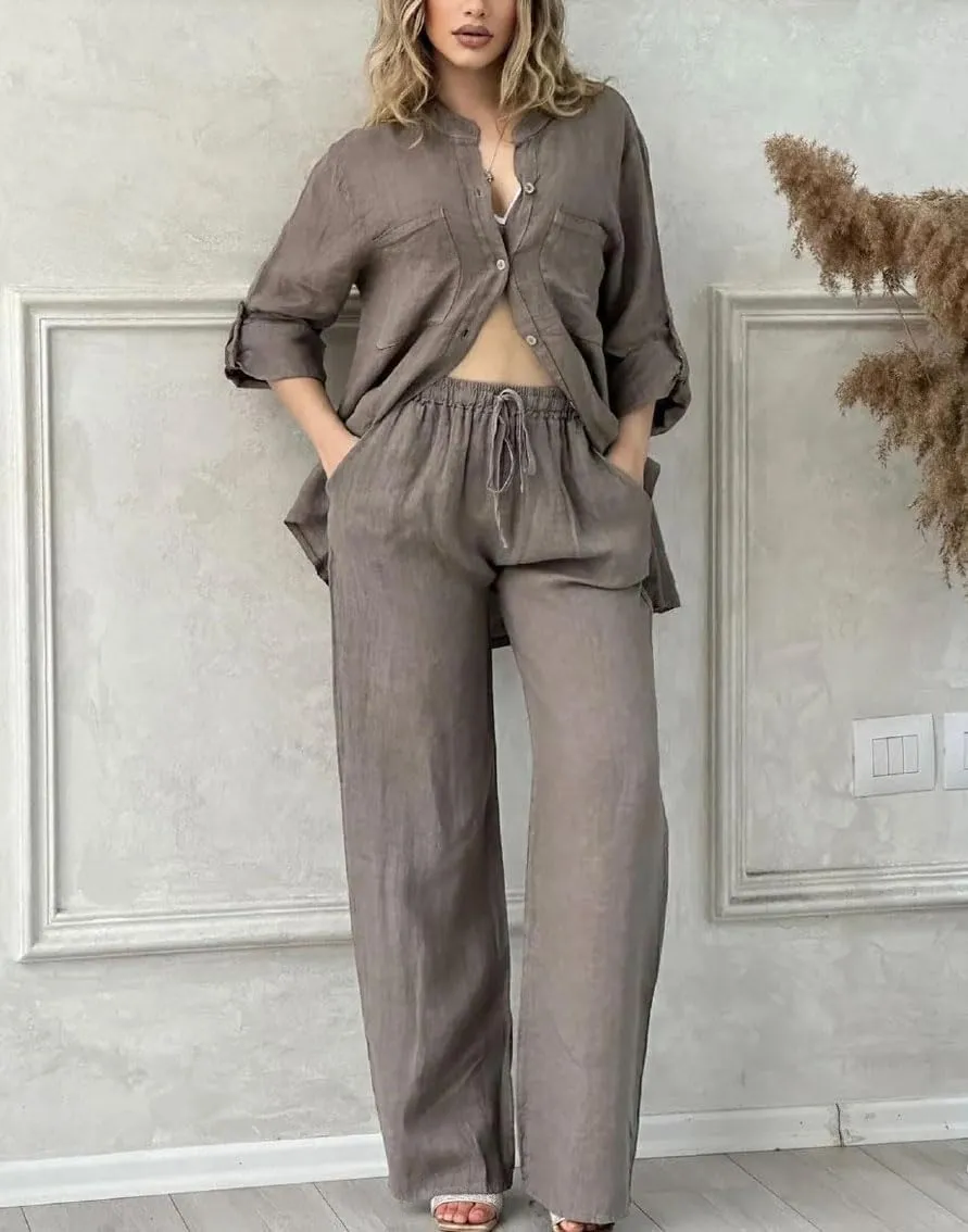 chouyatou Women's Cotton Linen 2 Piece Outfits Rolled Up Sleeve Button Down Shirt and Wide leg Pants Set