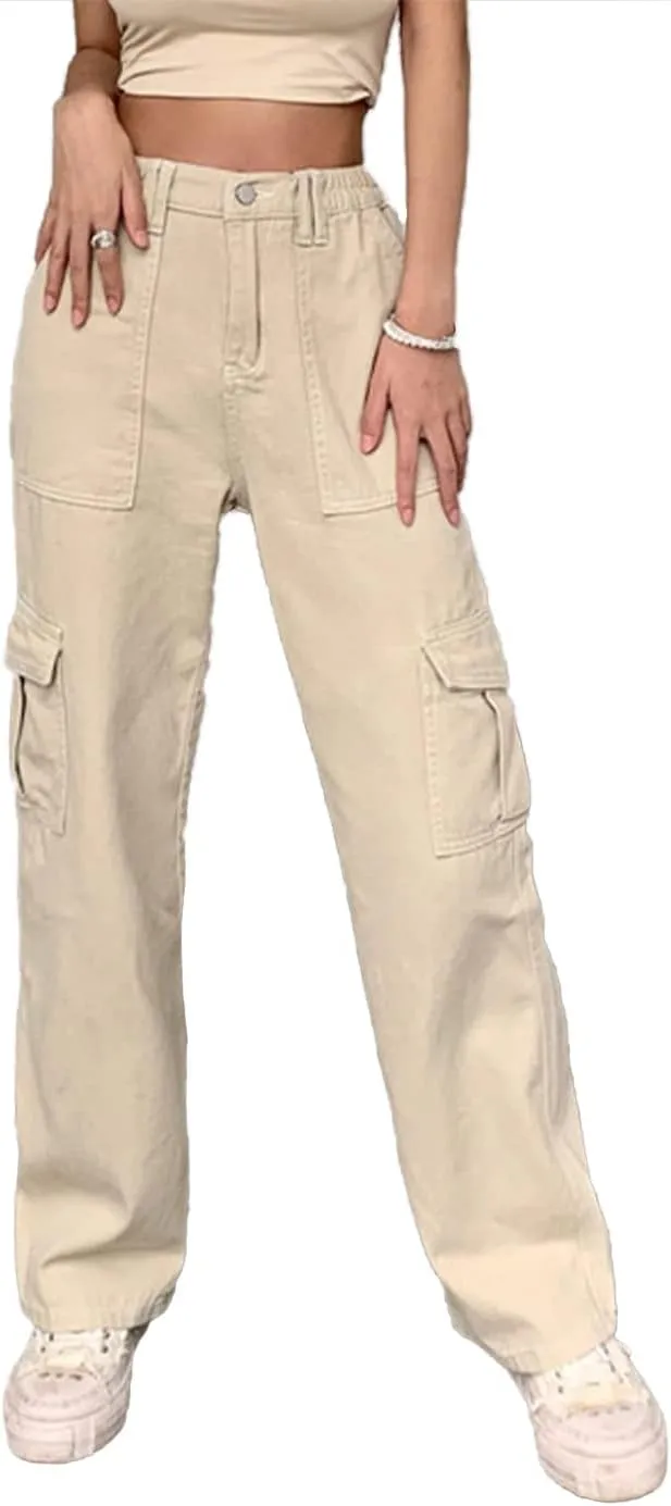 Cocoinsity Women Cargo Pants High Waist Solid Button Down Pockets Casual Straight Trousers