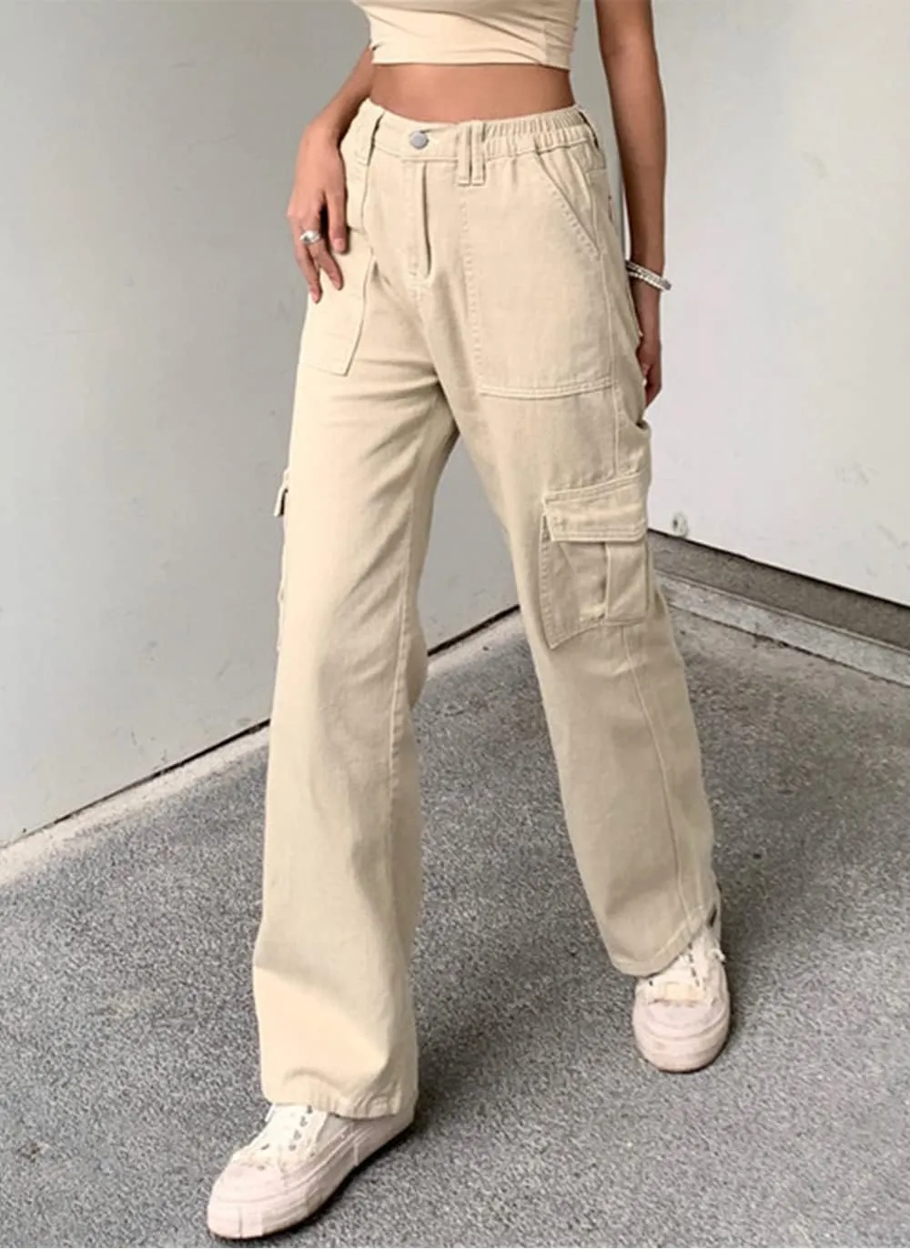 Cocoinsity Women Cargo Pants High Waist Solid Button Down Pockets Casual Straight Trousers