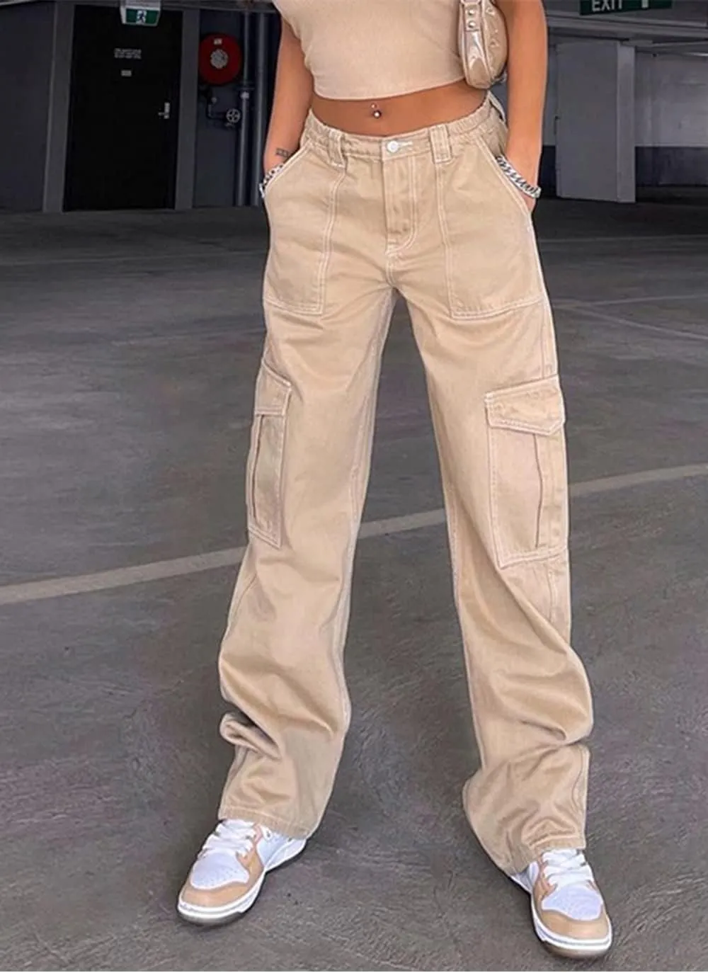 Cocoinsity Women Cargo Pants High Waist Solid Button Down Pockets Casual Straight Trousers