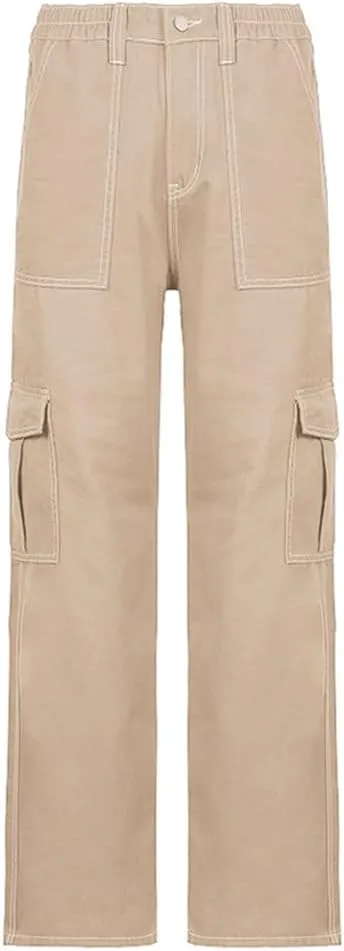 Cocoinsity Women Cargo Pants High Waist Solid Button Down Pockets Casual Straight Trousers