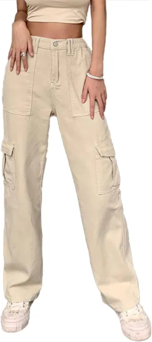 Cocoinsity Women Cargo Pants High Waist Solid Button Down Pockets Casual Straight Trousers
