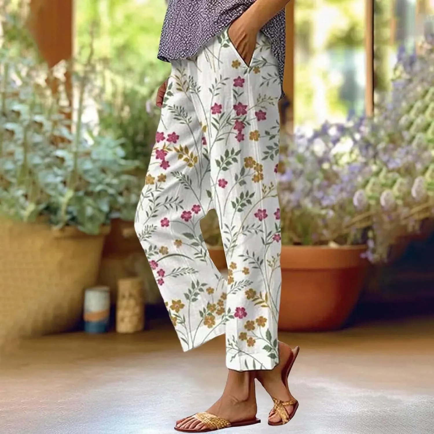 Cotton Linen Pants Women Casual Loose Floral Printed Summer Beach Boho High Waist Straight Wide Leg Outdoor Trousers
