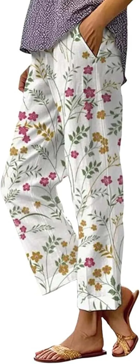 Cotton Linen Pants Women Casual Loose Floral Printed Summer Beach Boho High Waist Straight Wide Leg Outdoor Trousers