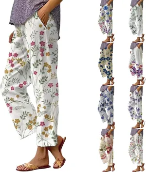 Cotton Linen Pants Women Casual Loose Floral Printed Summer Beach Boho High Waist Straight Wide Leg Outdoor Trousers