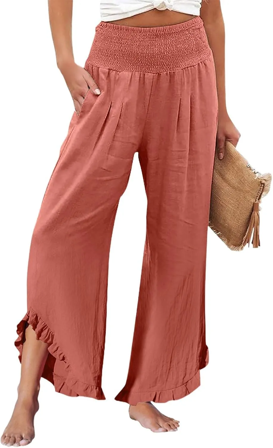 Cotton Linen Pants Women Casual Summer Pleated Elastic Waist Palazzo Pants Wide Leg Ruffle Boho Flowy Beach Trousers