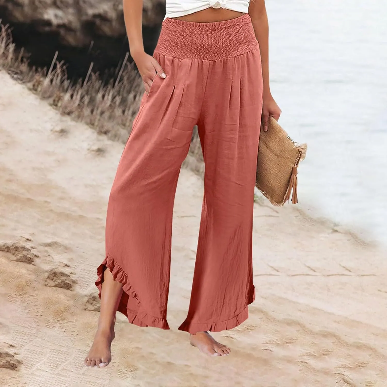 Cotton Linen Pants Women Casual Summer Pleated Elastic Waist Palazzo Pants Wide Leg Ruffle Boho Flowy Beach Trousers