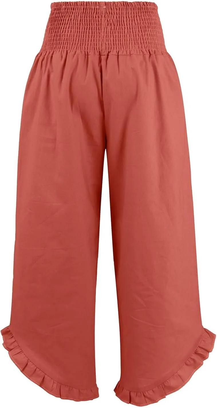 Cotton Linen Pants Women Casual Summer Pleated Elastic Waist Palazzo Pants Wide Leg Ruffle Boho Flowy Beach Trousers