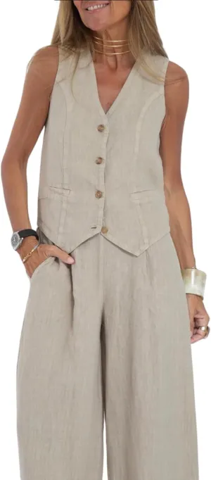 Cotton Linen Summer 2 Piece Outfits Women Linen Button V Neck Vest and Wide Leg Pants Suit Matching Sets