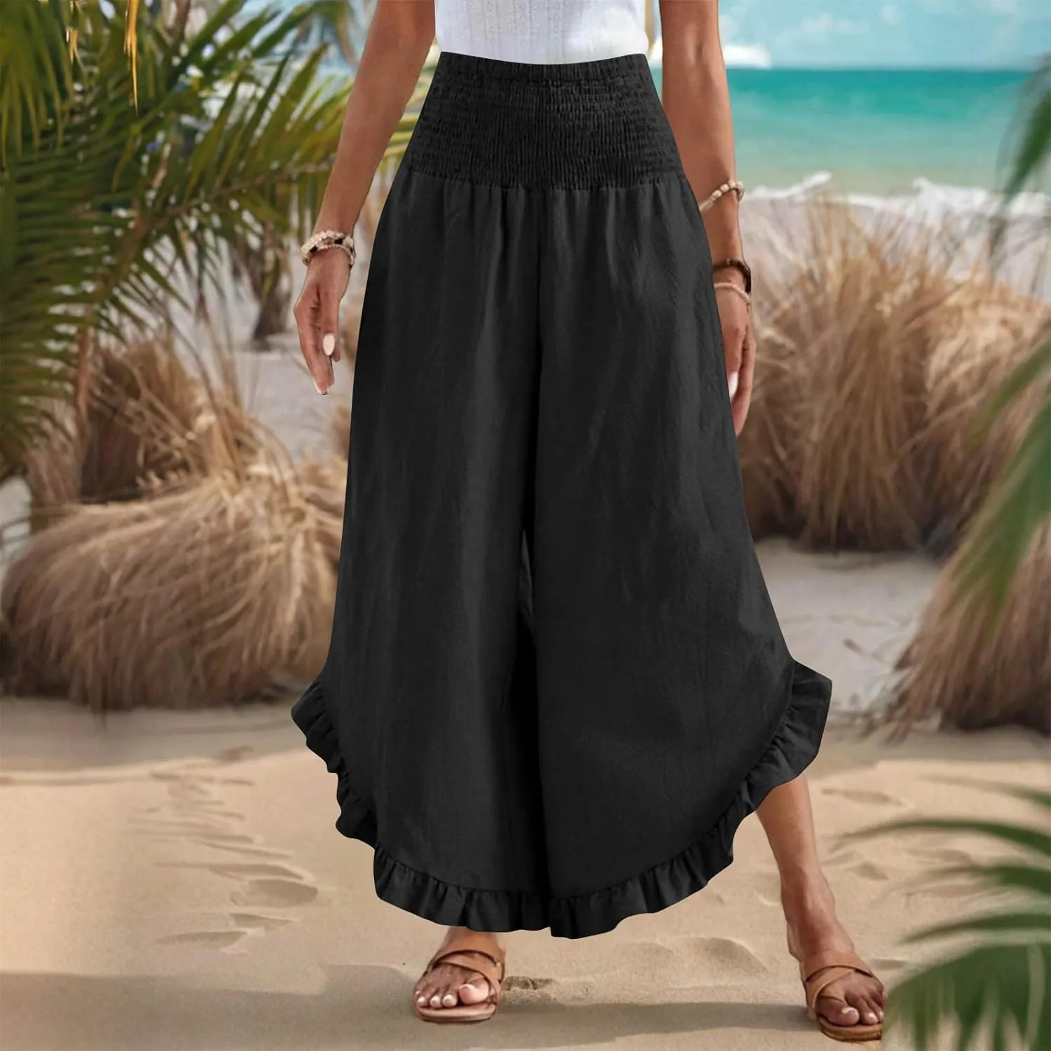 Cotton Linen Wide Leg Pants for Women Casual Summer High Elastic Waist Flowy Pants Ruffle Hem Palazzo Trousers