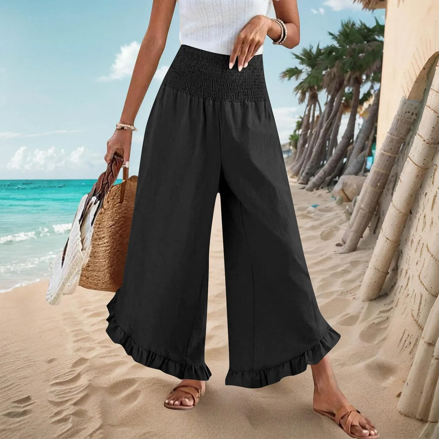 Cotton Linen Wide Leg Pants for Women Casual Summer High Elastic Waist Flowy Pants Ruffle Hem Palazzo Trousers