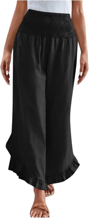 Cotton Linen Wide Leg Pants for Women Casual Summer High Elastic Waist Flowy Pants Ruffle Hem Palazzo Trousers