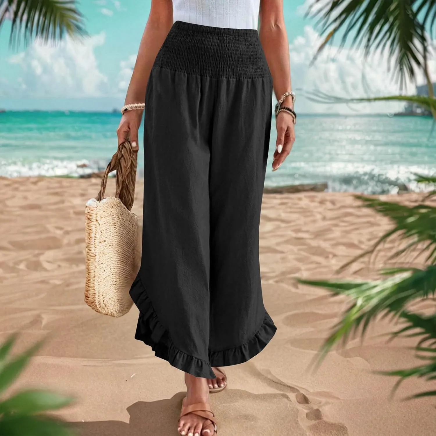 Cotton Linen Wide Leg Pants for Women Casual Summer High Elastic Waist Flowy Pants Ruffle Hem Palazzo Trousers
