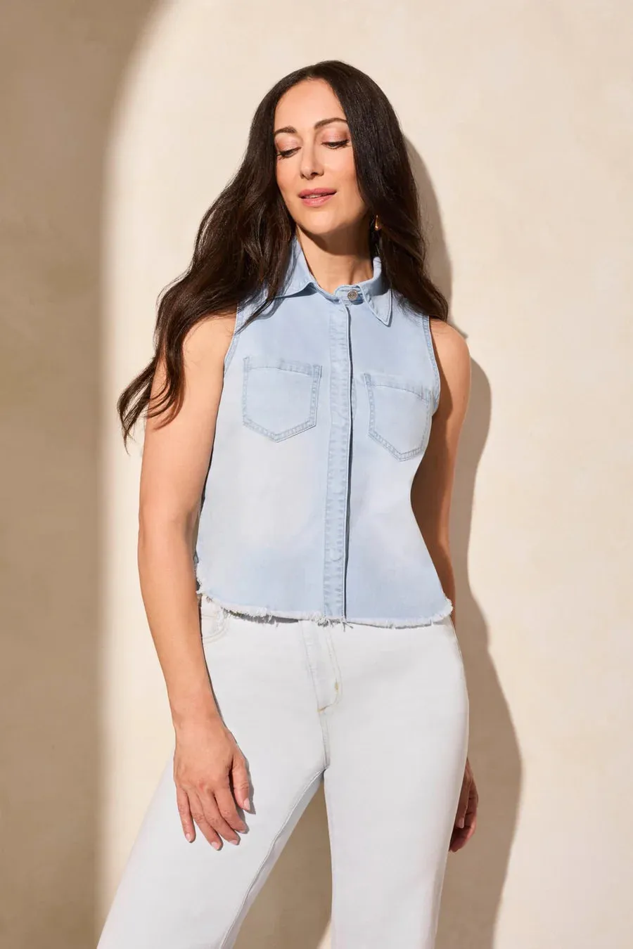 Crop S/L Denim Shirt w/Fray Hem-Bluetiful