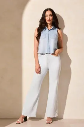 Crop S/L Denim Shirt w/Fray Hem-Bluetiful
