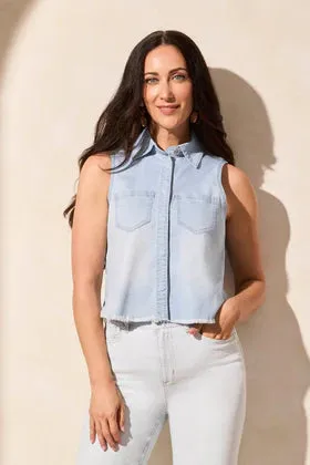 Crop S/L Denim Shirt w/Fray Hem-Bluetiful