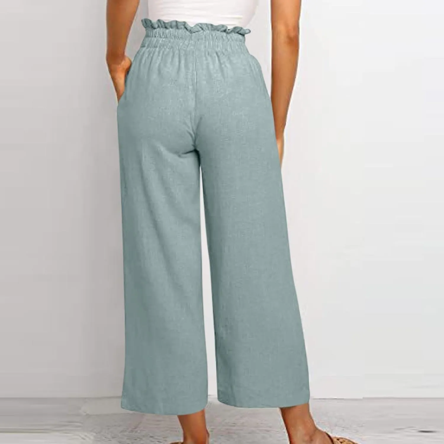 Cropped Wide Leg Linen Pants for Women Drawstring Elastic Waist Paperbag Pants Casual Loose Summer Beach Trousers