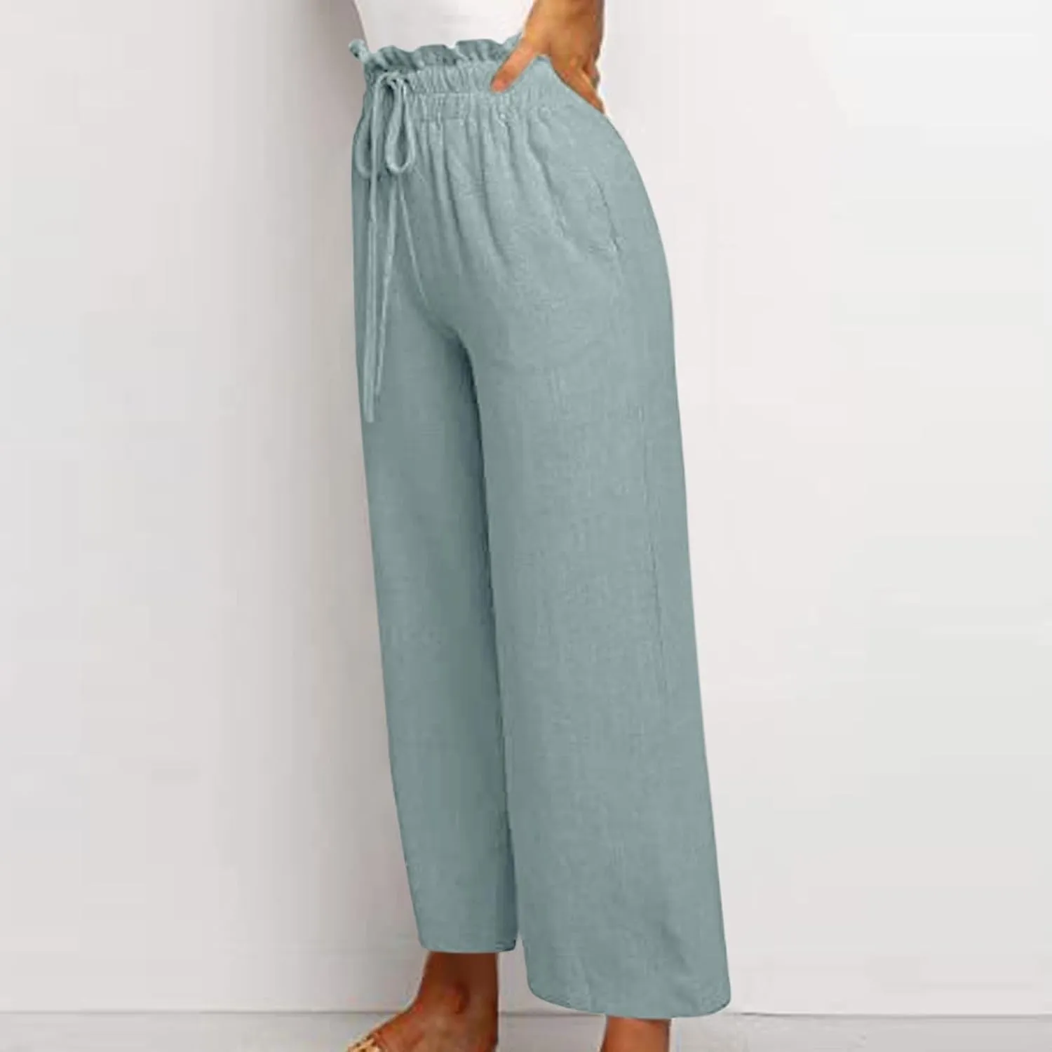 Cropped Wide Leg Linen Pants for Women Drawstring Elastic Waist Paperbag Pants Casual Loose Summer Beach Trousers