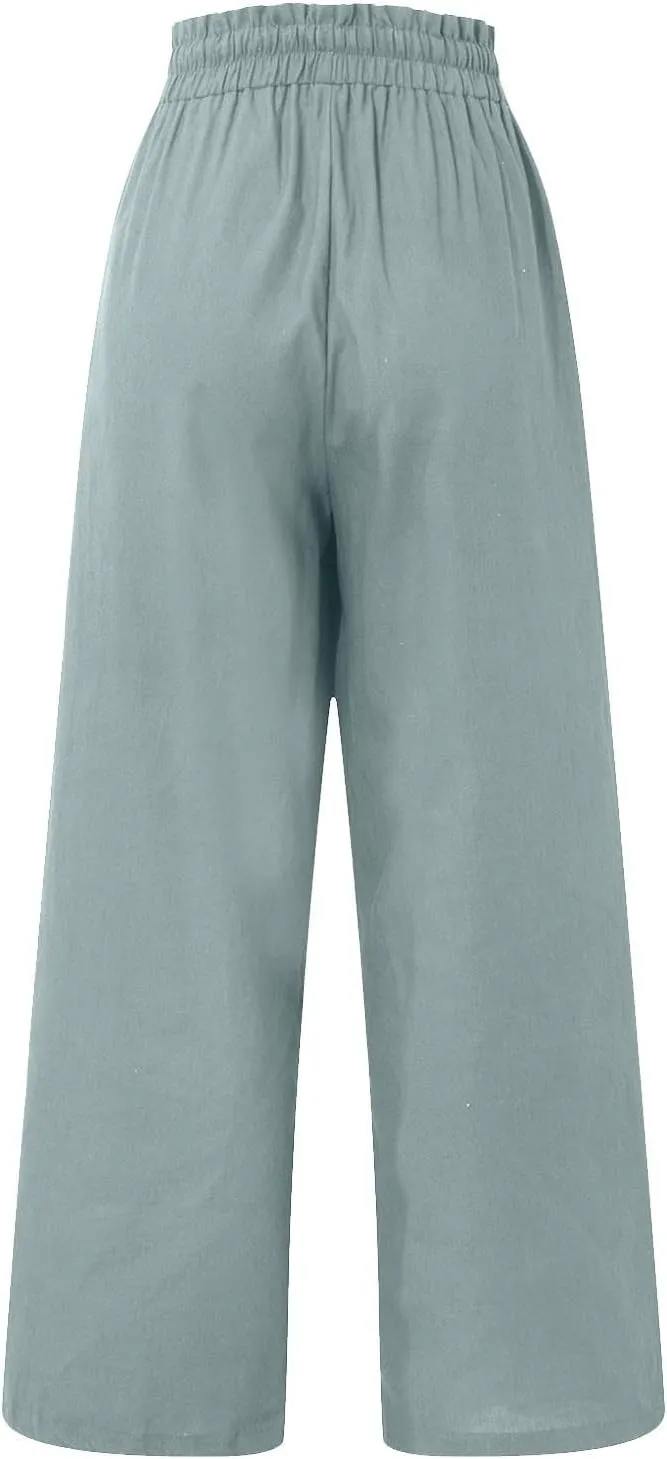 Cropped Wide Leg Linen Pants for Women Drawstring Elastic Waist Paperbag Pants Casual Loose Summer Beach Trousers