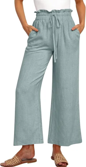 Cropped Wide Leg Linen Pants for Women Drawstring Elastic Waist Paperbag Pants Casual Loose Summer Beach Trousers
