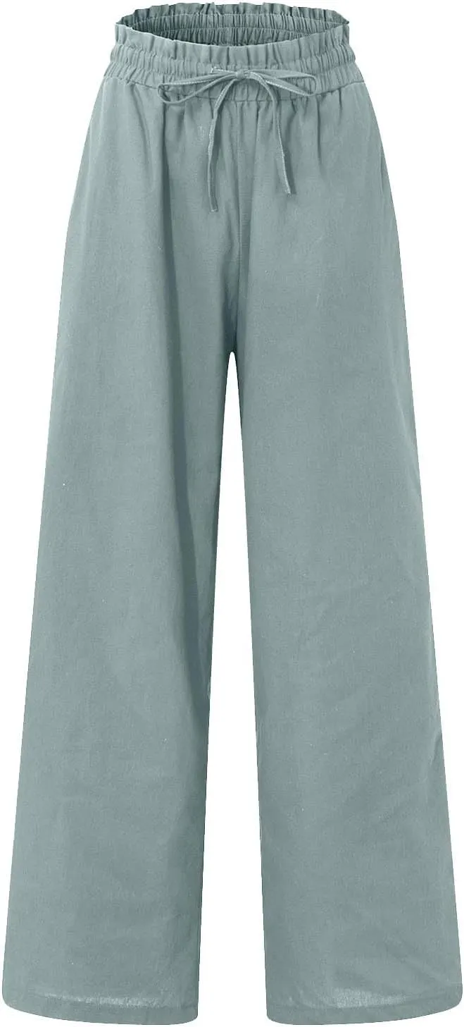 Cropped Wide Leg Linen Pants for Women Drawstring Elastic Waist Paperbag Pants Casual Loose Summer Beach Trousers