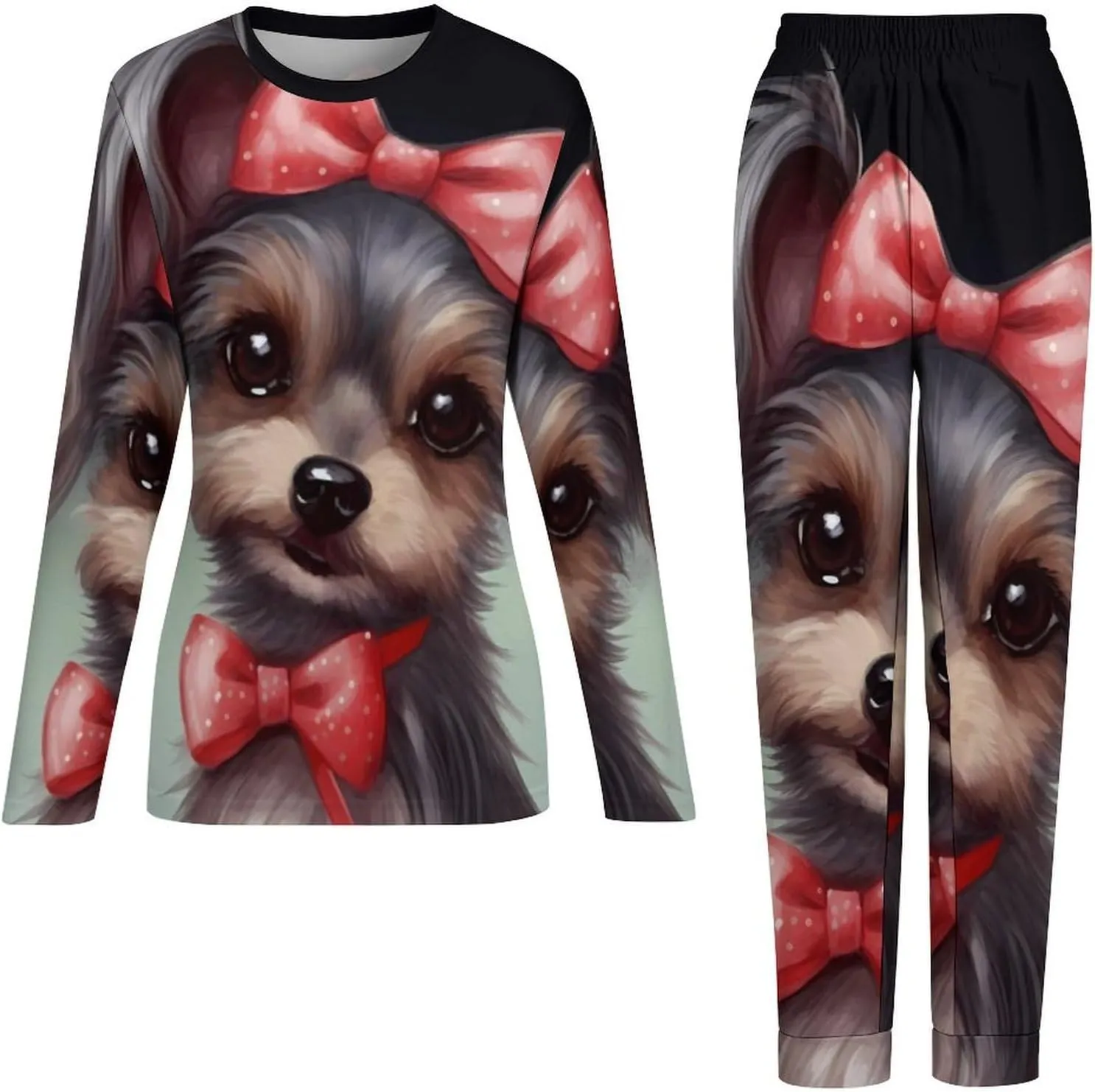 Cute Yorkie Dog Womens Pajamas Sets Long Sleeve Sleepwear Soft Nightwear 2 Piece Pjs Loungewear