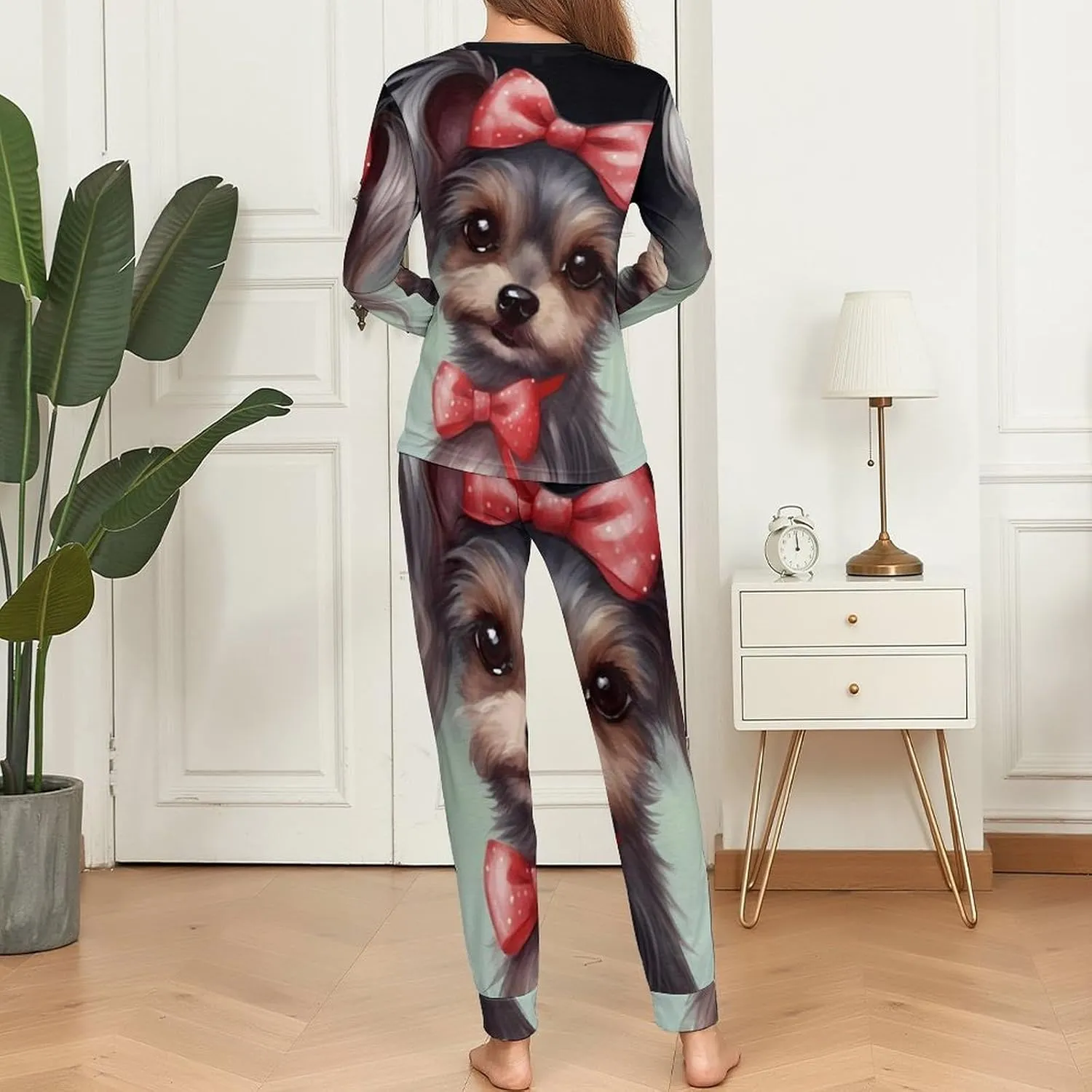 Cute Yorkie Dog Womens Pajamas Sets Long Sleeve Sleepwear Soft Nightwear 2 Piece Pjs Loungewear