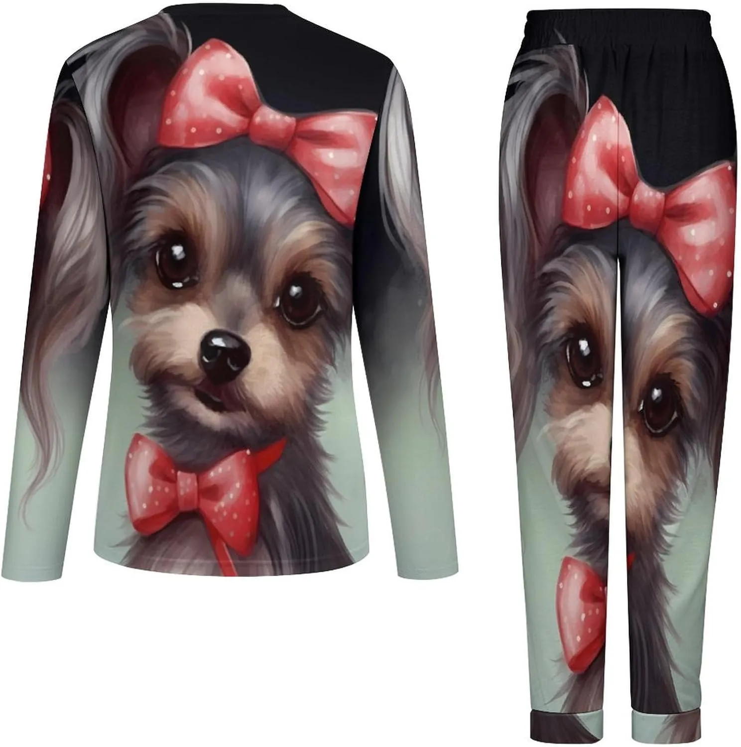 Cute Yorkie Dog Womens Pajamas Sets Long Sleeve Sleepwear Soft Nightwear 2 Piece Pjs Loungewear