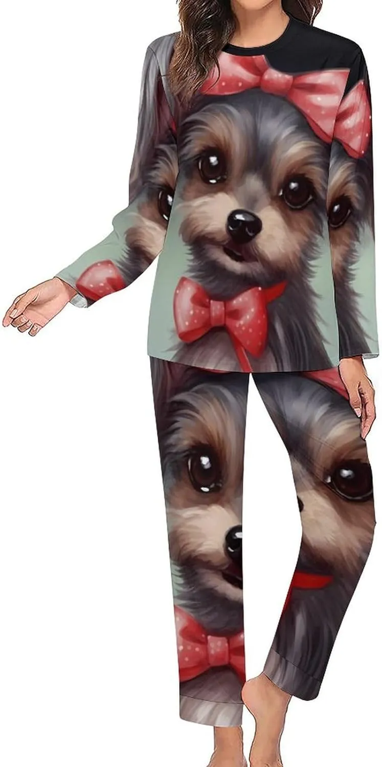 Cute Yorkie Dog Womens Pajamas Sets Long Sleeve Sleepwear Soft Nightwear 2 Piece Pjs Loungewear