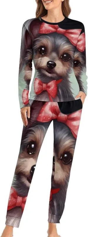 Cute Yorkie Dog Womens Pajamas Sets Long Sleeve Sleepwear Soft Nightwear 2 Piece Pjs Loungewear