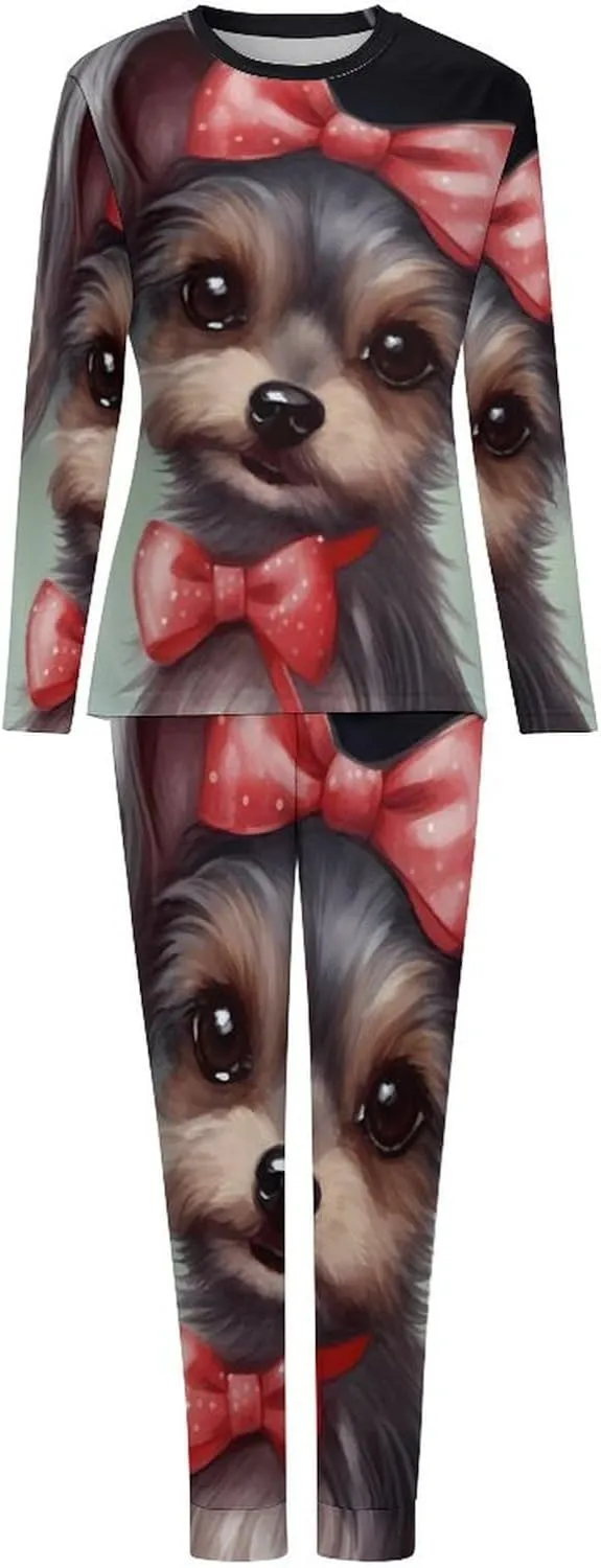Cute Yorkie Dog Womens Pajamas Sets Long Sleeve Sleepwear Soft Nightwear 2 Piece Pjs Loungewear