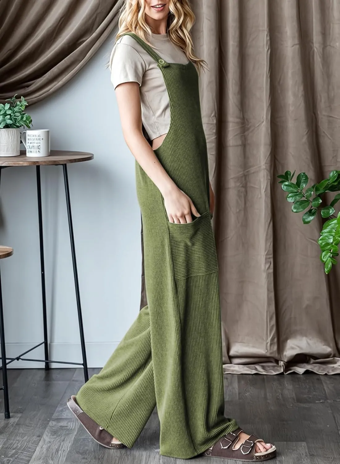 Dokotoo Women's Casual Jumpsuits Ribbed Front Pocket Loose Overalls One Piece Sleeveless Wide Leg Long Pant Rompers
