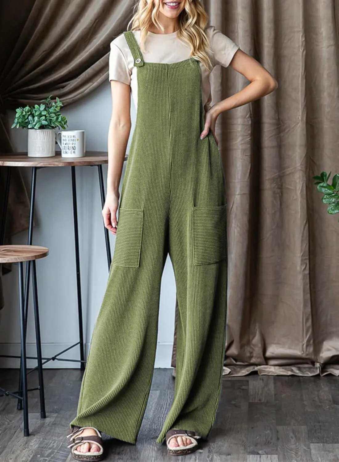 Dokotoo Women's Casual Jumpsuits Ribbed Front Pocket Loose Overalls One Piece Sleeveless Wide Leg Long Pant Rompers