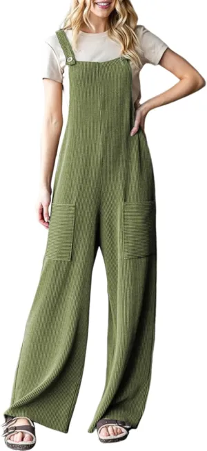 Dokotoo Women's Casual Jumpsuits Ribbed Front Pocket Loose Overalls One Piece Sleeveless Wide Leg Long Pant Rompers
