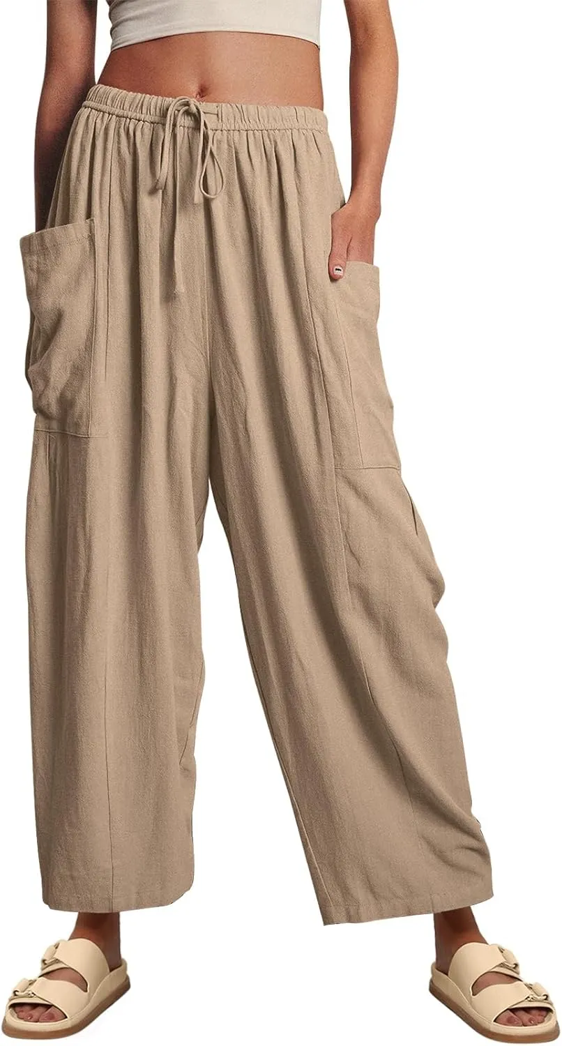 Ecokauer Women's Casual Palazzo Pants Drawstring Pleated Elastic Waist Loose Lounge Wide Leg Trousers with Pockets