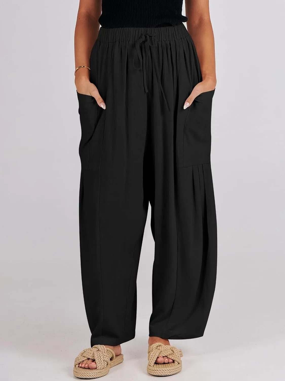 Ecokauer Women's Casual Palazzo Pants Drawstring Pleated Elastic Waist Loose Lounge Wide Leg Trousers with Pockets