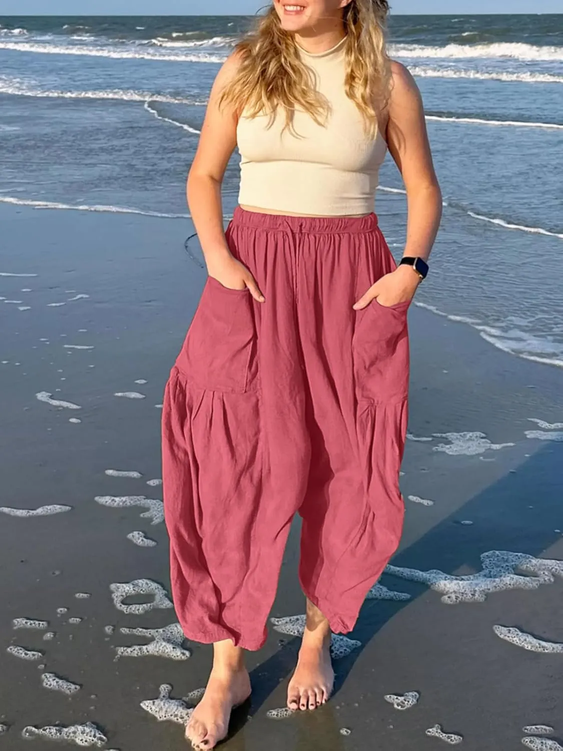Ecokauer Women's Casual Palazzo Pants Drawstring Pleated Elastic Waist Loose Lounge Wide Leg Trousers with Pockets