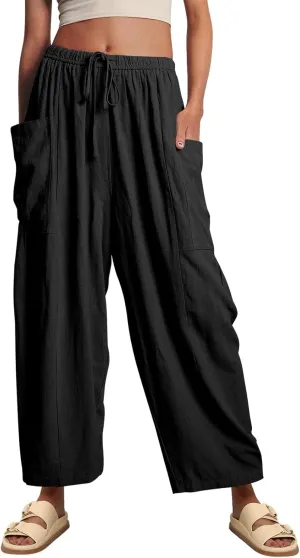 Ecokauer Women's Casual Palazzo Pants Drawstring Pleated Elastic Waist Loose Lounge Wide Leg Trousers with Pockets