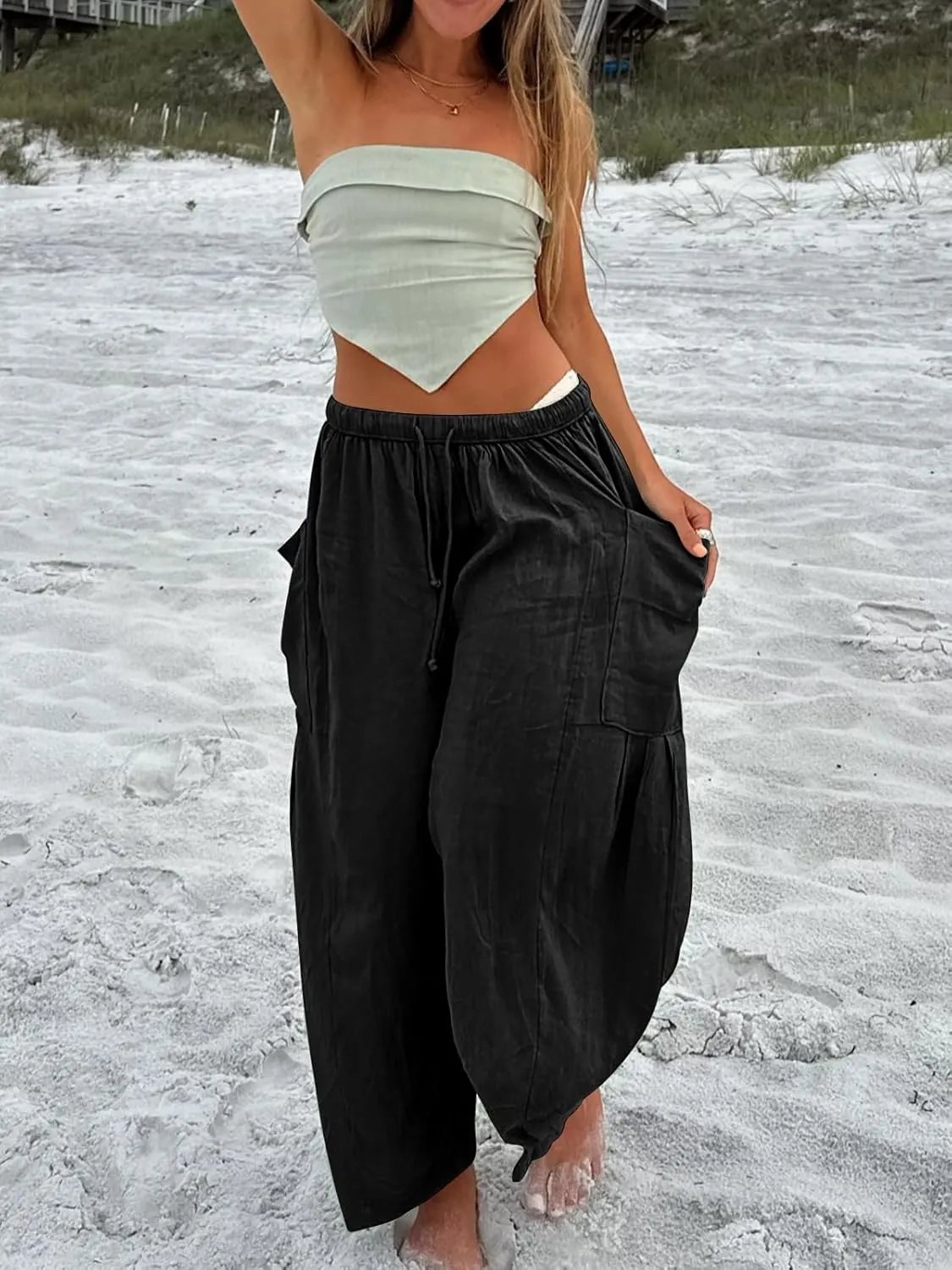 Ecokauer Women's Casual Palazzo Pants Drawstring Pleated Elastic Waist Loose Lounge Wide Leg Trousers with Pockets
