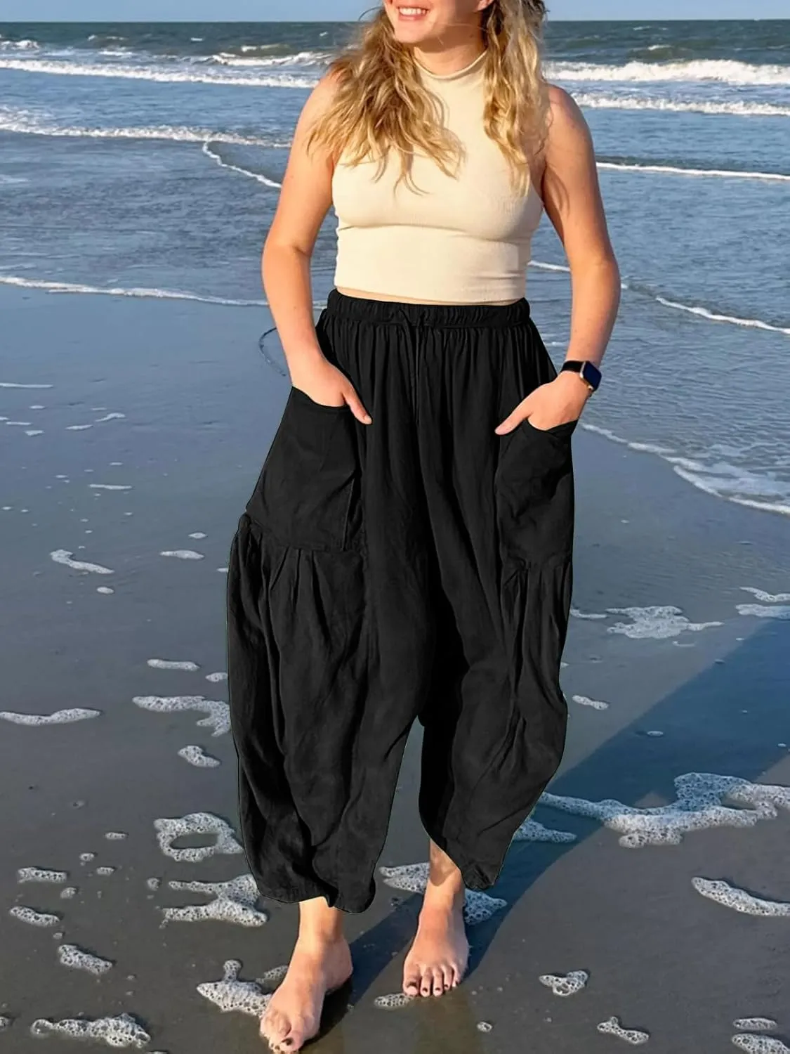 Ecokauer Women's Casual Palazzo Pants Drawstring Pleated Elastic Waist Loose Lounge Wide Leg Trousers with Pockets